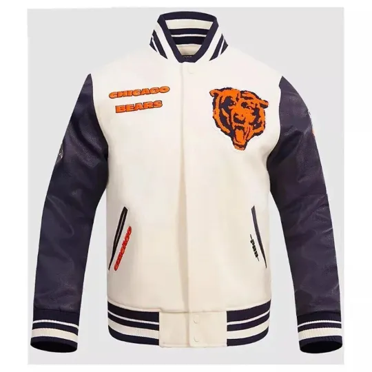 Discover Men's C Bears Retro White Wool Body Black Sleeves Baseball Varsity Jacket