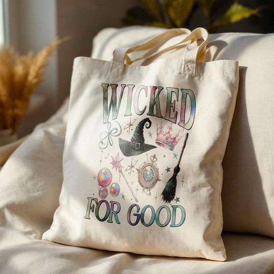 Wicked Tote Bag, Canvas Tote, Emerald City, Wizard Defying Gravity, Broomstick Magic, Musical Fan Gift
