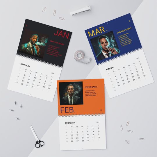Discover Standard Wall Calendar 2024 - NBA Edition - Each month represents an NBA legend's birth month along with their best accomplishments