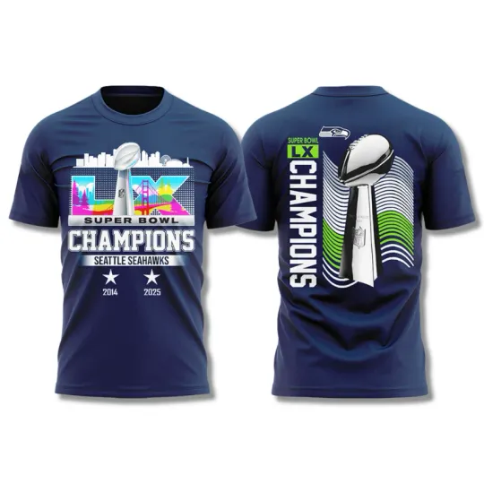Seattle Seahawks 2014 2025 Super Bowl Champions Double Sided T-Shirt