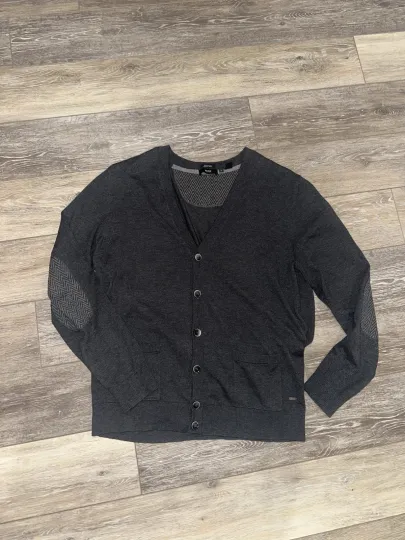 Discover Hugo Boss Charcoal Gray Cardigan Sweater Men’s XL Elbow Patches Cotton/Wool Reg