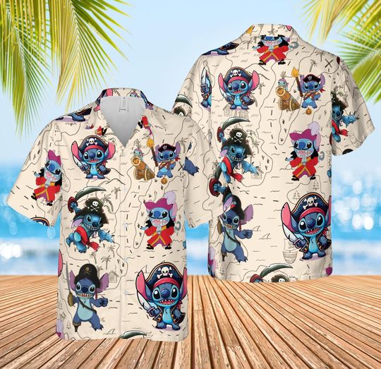 Discover Stitch Cruise Hawaiian Shirt for Men and Women, Disney Pirates of the Caribbean & Lilo & Stitch Button Shirt