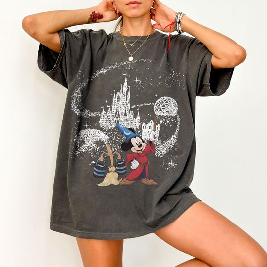 Vintage Sorcerer Mickey T-Shirt, Fantasia Wizard Mickey Tee, Disney World Castle Shirt, Retro Disney Park T-Shirt
