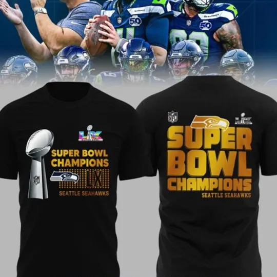 Seattle Seahawks Super Bowl LX 2026 Gold Lettered Double Sided T-Shirt