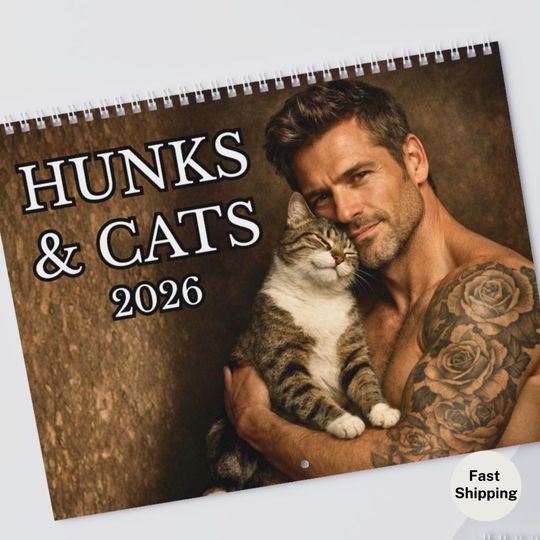 Discover HUNKS & CATS 2026 Wall Calendar, Funny Cat Lover Gift, Playful Cats Fine Art Photography, Gag Secret Santa, Home and Office Decor