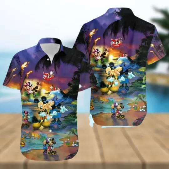 Discover Mickey and Minnie Mouse Sunset Beach Hawaiian Shirt