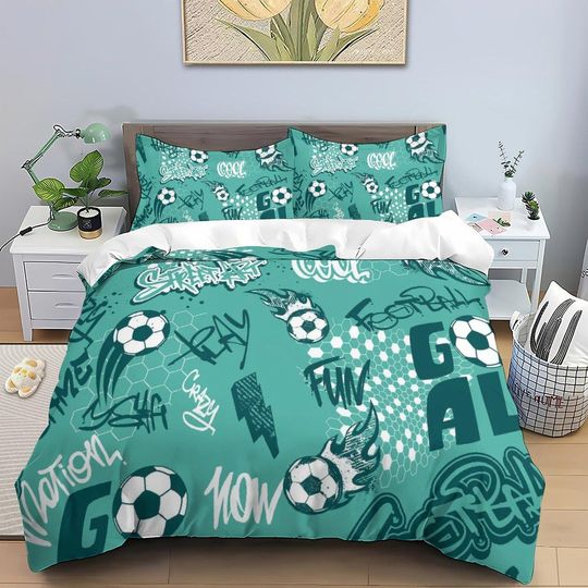 Discover Soccer Ball Duvet Cover Set, Football Microfiber Bedding,Sports Bed Set with Pillowcases