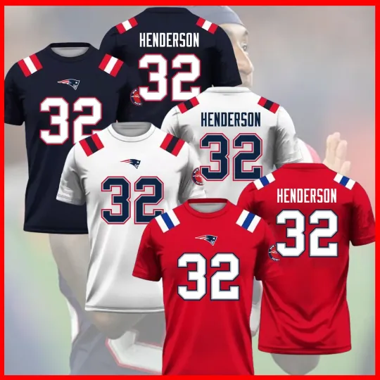 Discover TreVeyon Henderson #32 New England Football 2026 Player Name Number AOP Fan