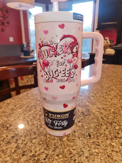 Discover 2026 Yukon Outfitters 40oz Tumbler with Handle Buc-ee's Pink Hearts Valentine's Day
