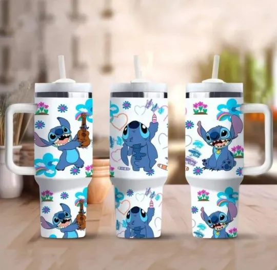 Discover 40oz Cartoon Stitch Tumbler with Handle, Straw, and Lid for Hot and Cold Drinks
