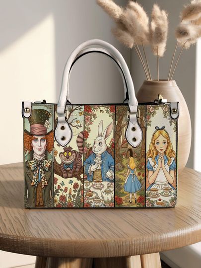 Discover Alice in Wonderland Personalized Leather Handbag, Alice in Wonderland Woman Shoulder Bag, Vintage Crossbody Bag, Top Handle Bag