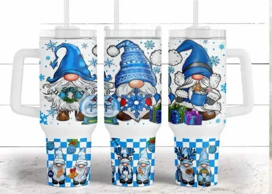 Discover 40 oz Tumbler with Handle and Straw – Christmas Gnomes, Blue Snowflakes