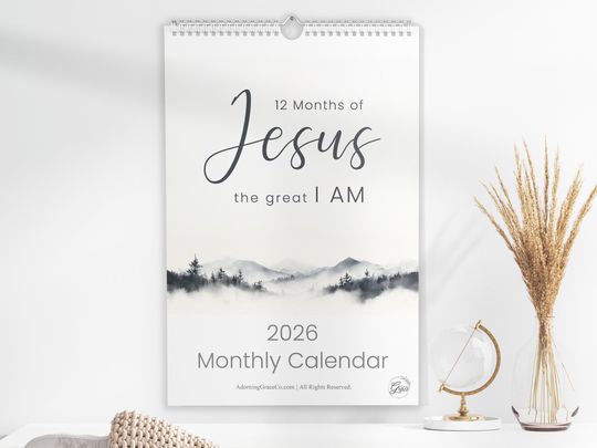 Discover 2026 monthly Wall Calendar-Who Jesus Says He is, Christian Minimalist watercolor Landscape Scripture Quote Religious 12 months of "I AM" art