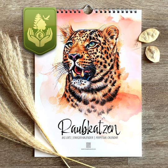 A4 Perpetual Big Cats Calendar | Hand-Painted Watercolor Lions, Tigers & More | Wall Calendar | Conservation Support