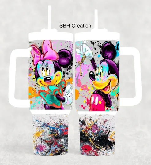 Discover 40 oz Mickey and Minnie Paint Splitter Tumbler with Handle, Sliding Lid and Straw