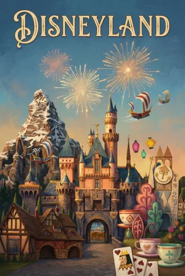 Disneyland Matterhorn Small World Alice in Wonderland Travel Poster Premium Matte Vertical
