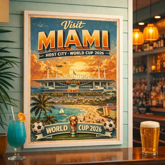 Vintage Miami Travel Art | Soccer World Cup 2026 Host City | Florida Sports Wall Decor | Football Fan Gift
