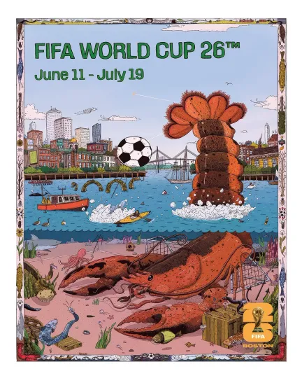 Discover Boston 2026 World Soccer Event Poster | Lobster and Cityscape Art Print