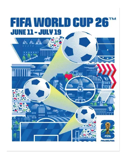 Discover Philadelphia 2026 World Soccer Event Poster | Blue Geometric Soccer Art Print