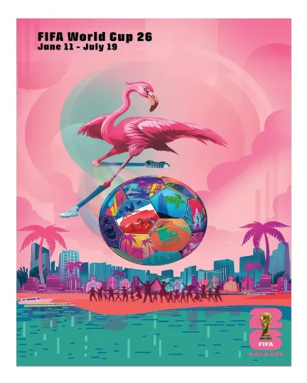 Discover Miami 2026 World Soccer Event Poster | Flamingo and Soccer Ball Art Print
