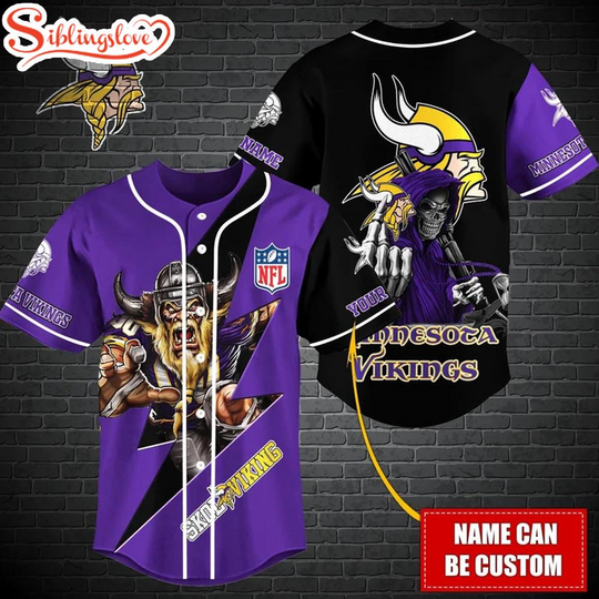 Custom Name football Minnesota Vikings Mascot And Skull Baseball Jersey