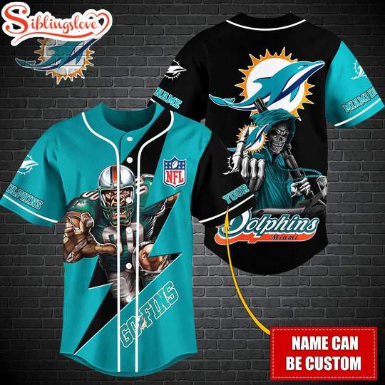 Custom Name football Miami Dolphins Mascot And Skull Baseball Jersey
