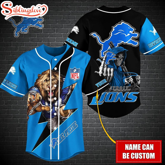 Custom Name football Detroit Lions Mascot And Skull Baseball Jersey