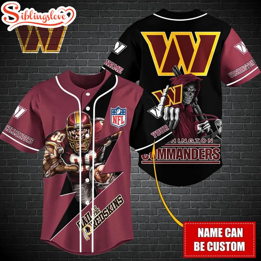 Custom Name football Washington Commanders Mascot And Skull Baseball Jersey