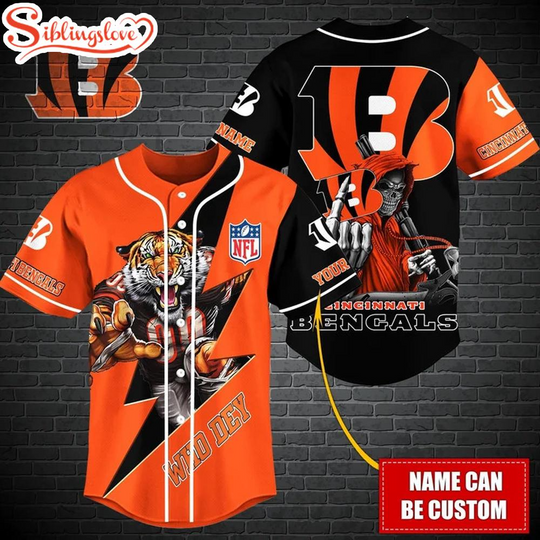 Discover Custom Name football Cincinnati Bengals Mascot And Skull Baseball Jersey