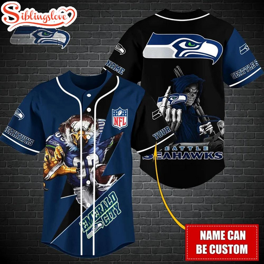 Custom Name football Seattle Seahawks Mascot And Skull Baseball Jersey