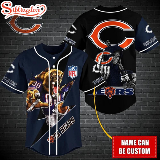 Custom Name football Chicago Bears Mascot And Skull Baseball Jersey