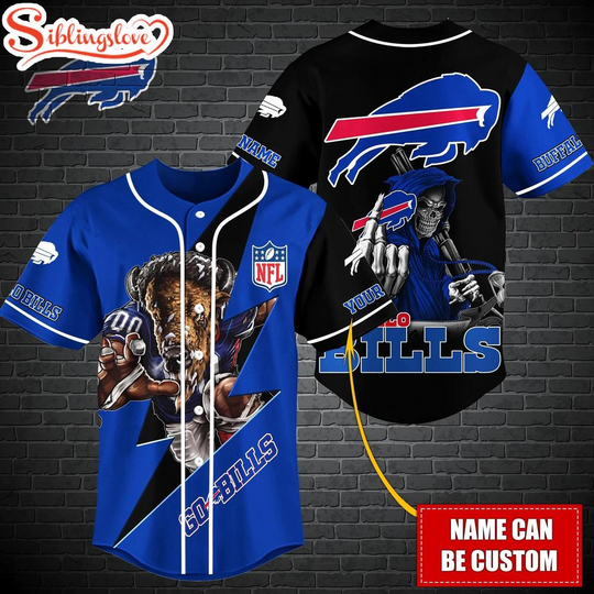 Custom Name football Buffalo Bills Mascot And Skull Baseball Jersey