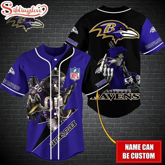 Custom Name football Baltimore Ravens Mascot And Skull Baseball Jersey