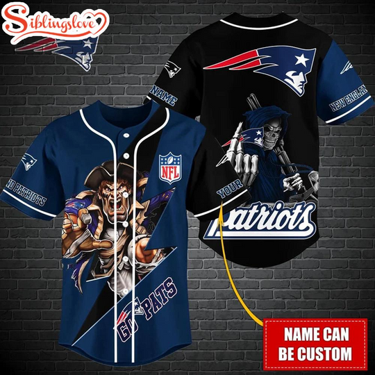Custom Name football New England Patriots Mascot And Skull Baseball Jersey