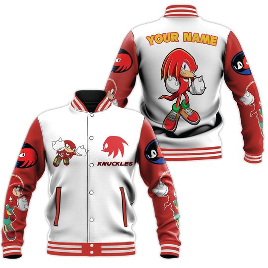 Custom Knuckles Varsity Jacket, Personalized Sonic the Hedgehog Baseball Jacket, Knuckles Kids Youth Adult Varsity Jacket