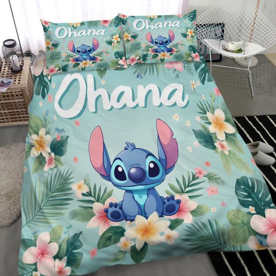Cute Stitch Ohana Means Family Tropical Flowers Bedding Set, Bedroom Decoration
