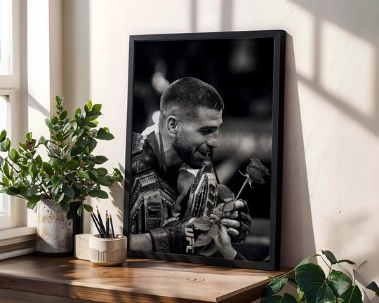 Discover Ilia Topuria Digital Print, UFC Champion Wall Art, Black & White MMA Fighter Poster, Combat Sports Decor