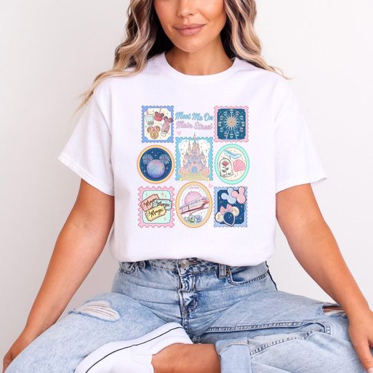 Discover Meet Me on Main Street Pretty Stamps Disney Inspired T-shirt