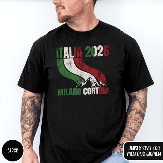 Discover Italia 2026 Tee Milano Cortina Olympics Shirt, Retro Italian Pride Flag Souvenir Gift for Sports Lovers Skiers Snowboarders Winter Games Fans