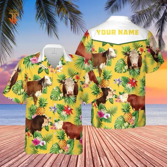 Discover Personalized Hawaiian Shirt with Hereford Cattle and Pineapples