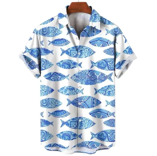 Discover 3D Cartoon Fish Print Men's Hawaiian Shirt Short Sleeve Button-Up