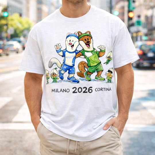 Discover Cute Ermine Mascot T-Shirt, Italy Winter, Milan 2026 Fan Tee, Cortina Winter Games Top, Cute Animal Athlete Shirt