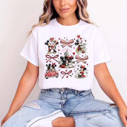 Discover Minnie Mickey Castle Bow Romance T-Shirt