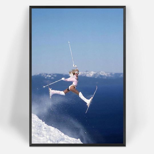 Discover Snow Mountain Skiing Poster, Funky Modern Snow Scene Print, Retro Woman Ski Leap Wall Art, Vintage Winter Sports Photography, Unframed