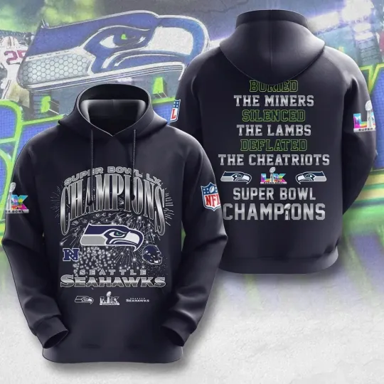Seattle Seahawk 2025 Super Bowl LX Champions 3D Apparel Hoodie