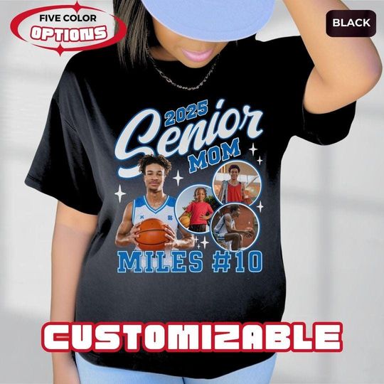 Discover Custom Photo Collage Basketball Senior Mom or Dad Shirt With 90s-Style Bootleg Vibe, Personalized Basketball Family Tees for Senior Night