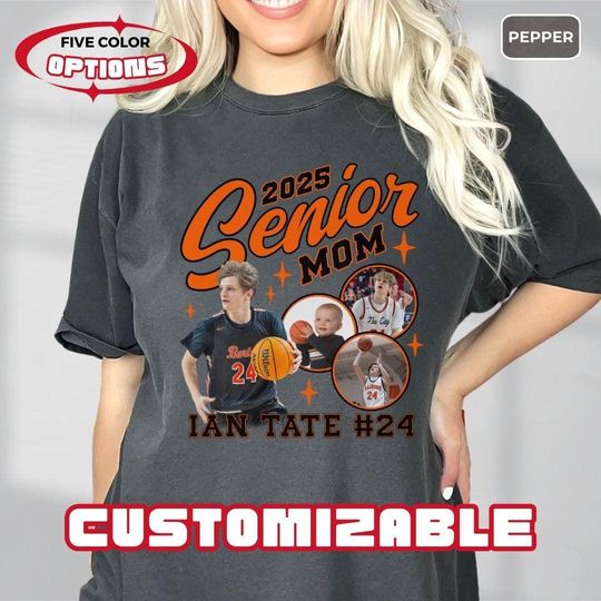 Basketball Senior Mom or Dad Custom Photo Collage Shirt, Personalized Basketball Family Tees for Senior Night, 90s Bootleg Vibe Senior Shirt
