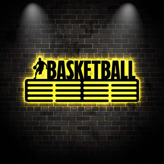 Discover Basketball LED Wall Sign, Sports Metal Wall Decor with Neon Light, Man Cave Bedroom Basketball Gift