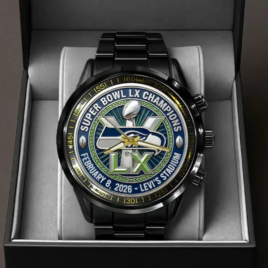Discover Seahawks 2025 SB LX Champions Black Stainless Steel Watch