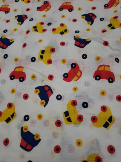 Discover Vintage Fabric Cars Primary Colors Red Blue Yellow 1 Yard 80s